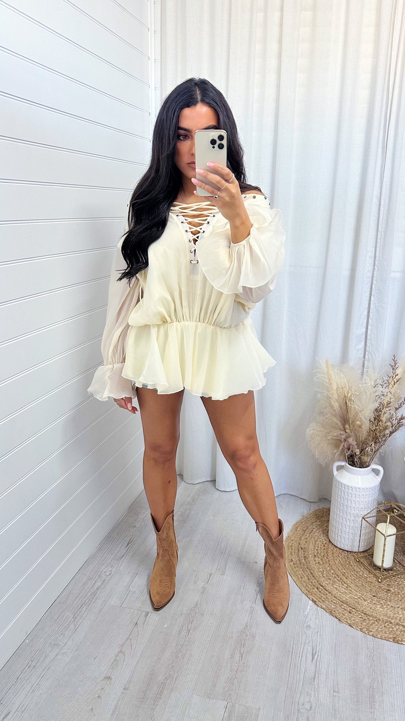Chiffon Lace Up Peplum Top - BEIGE