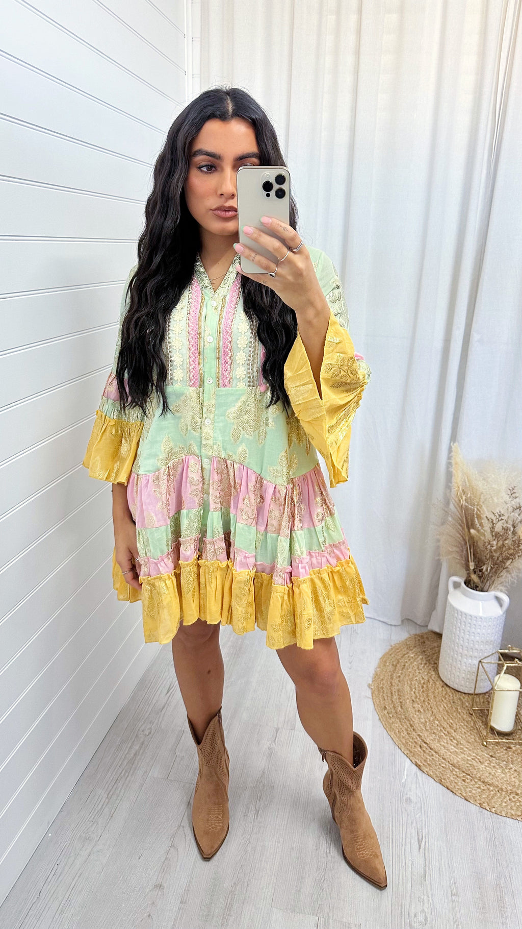 Foil Leaf Beaded Boho Smock Dress - PINK/YELLOW