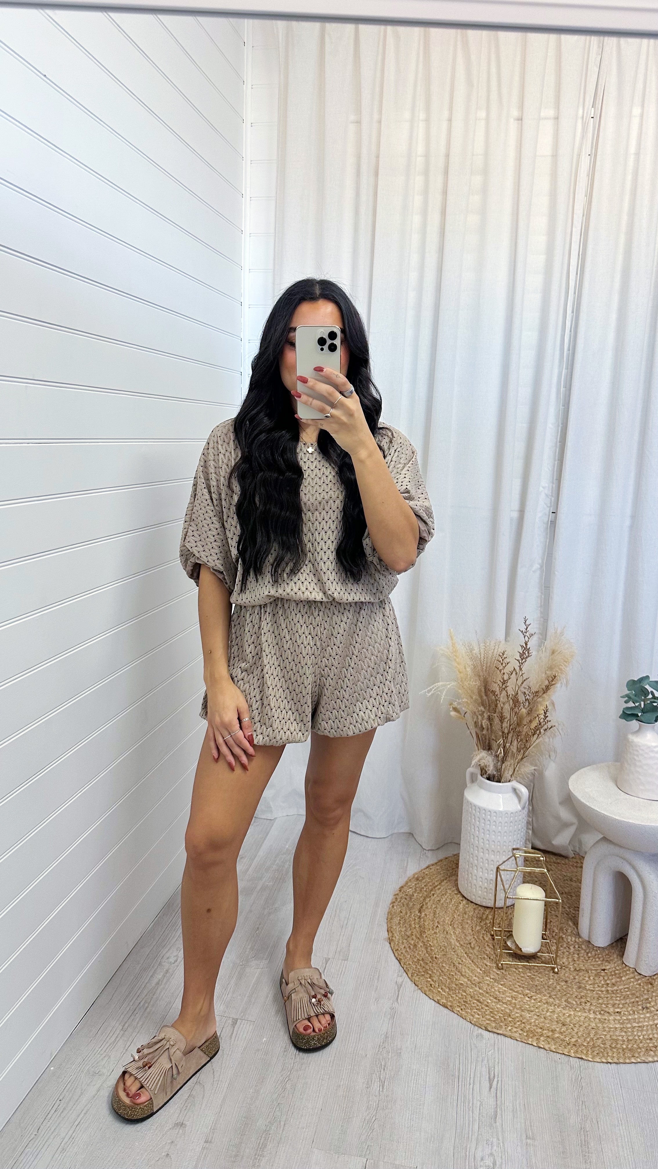 Laser Cut Mesh Balloon Top and Shorts Co-Ord - TAUPE