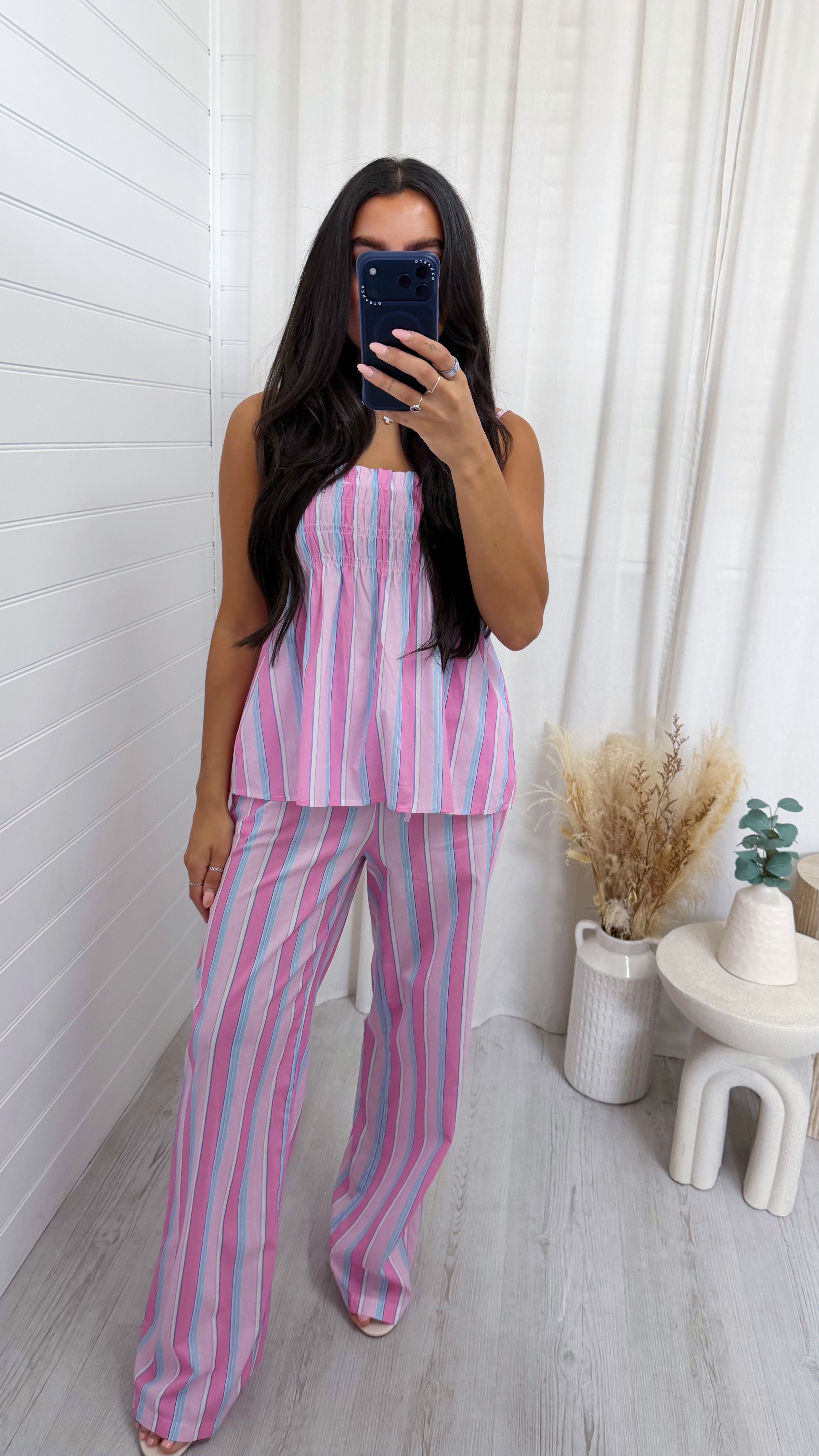Pastel Stripe Shirred Top and Trousers Co-Ord - PINK