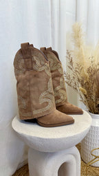 Fold Over Stud Cowboy Boots - TAN