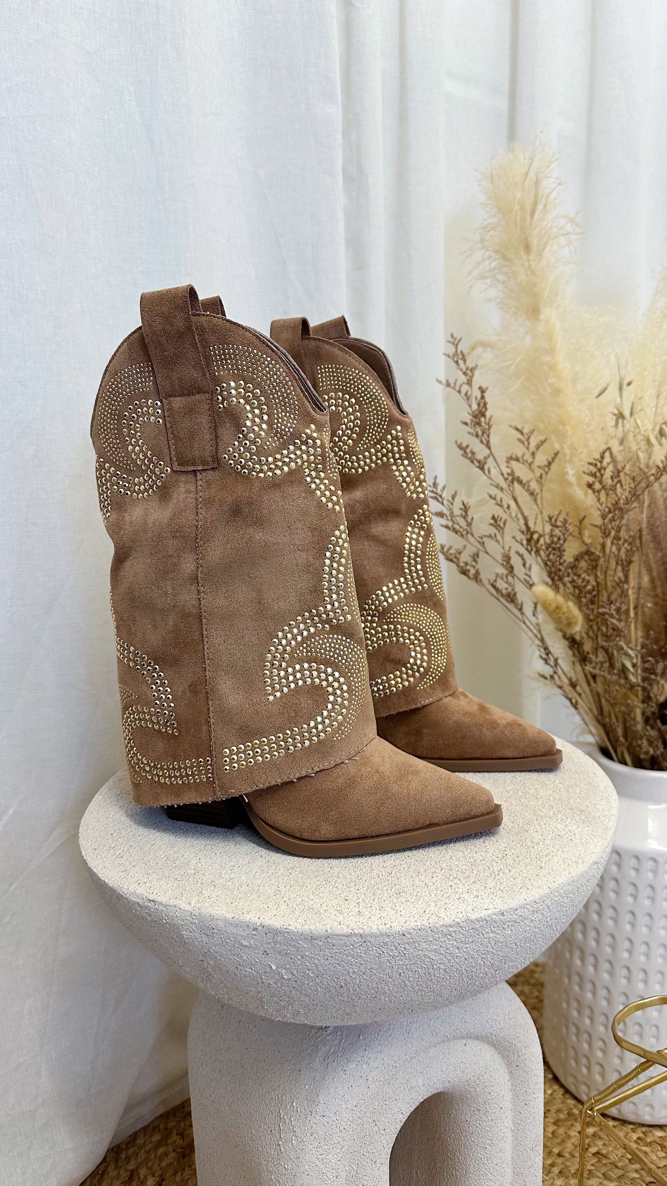 Fold Over Stud Cowboy Boots - TAN