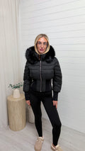 Fur Hooded Cinched Coat - BLACK