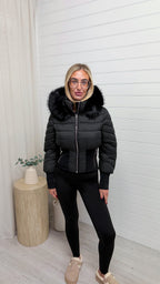 Fur Hooded Cinched Coat - BLACK