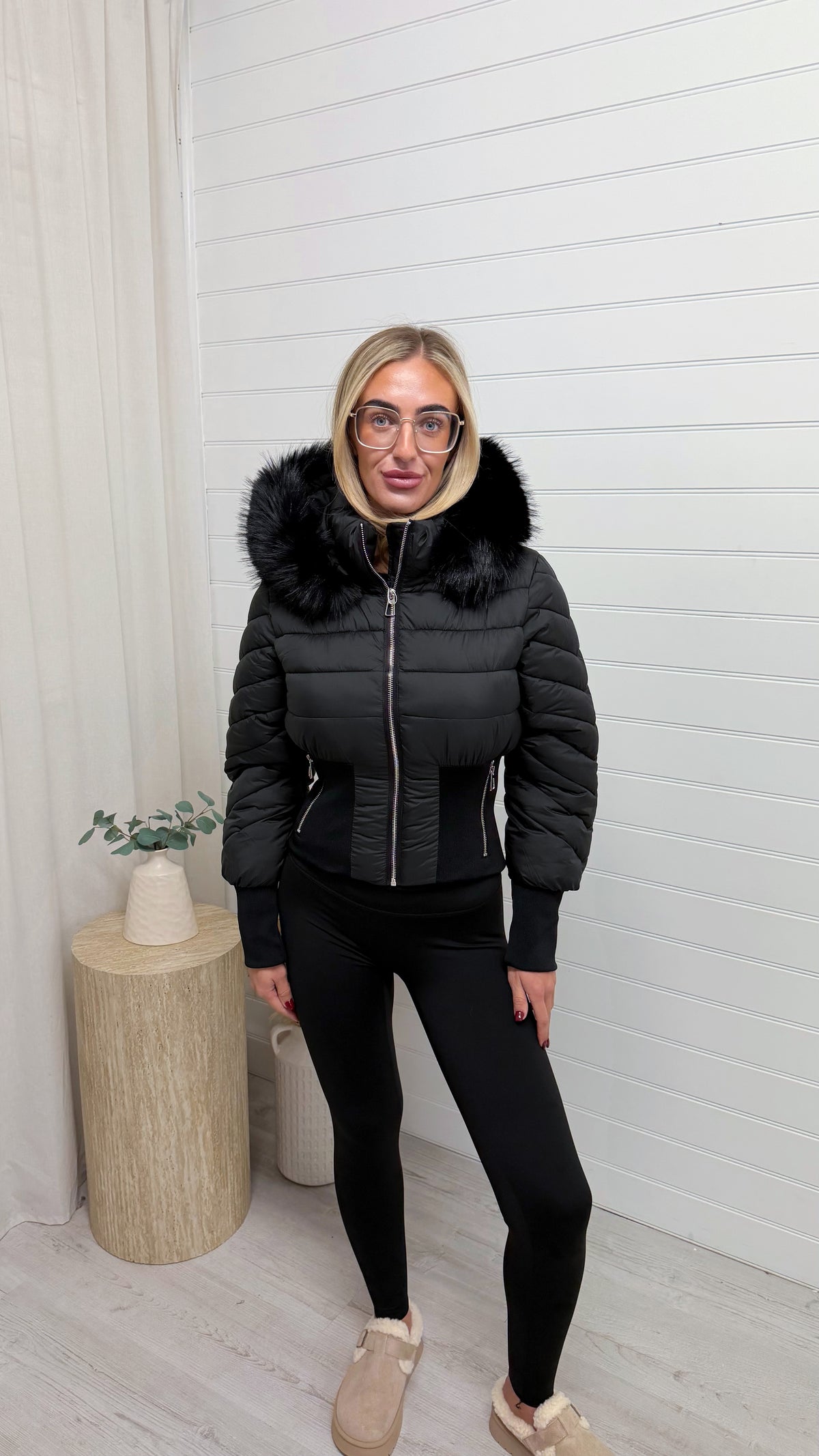 Fur Hooded Cinched Coat - BLACK