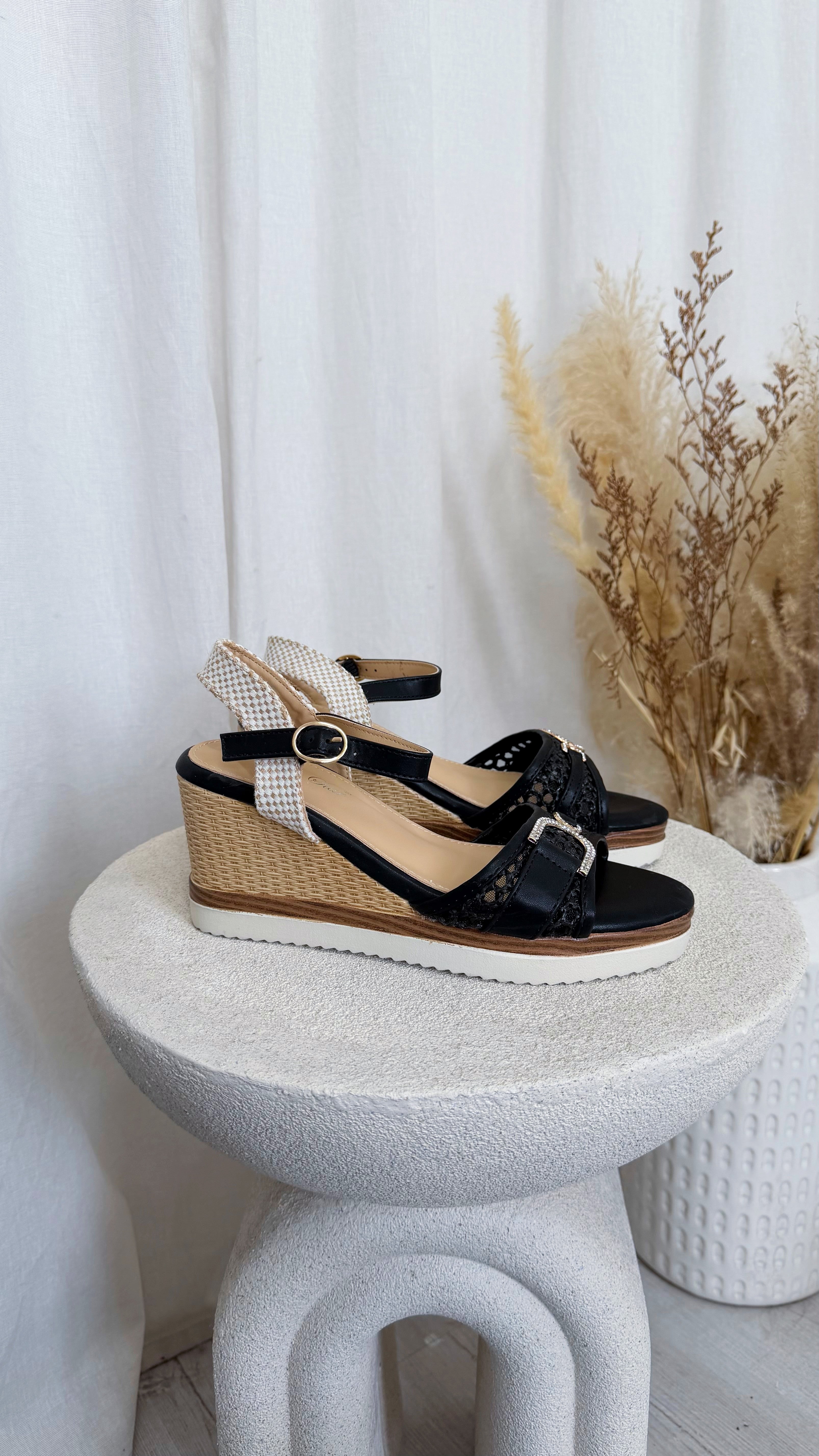 Lace Detail Wedge Sandals - BLACK
