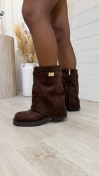 Gold Buckle Fold Over Boots - BROWN