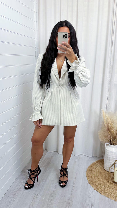 Pinstripe Cinched Waist Blazer - CREAM