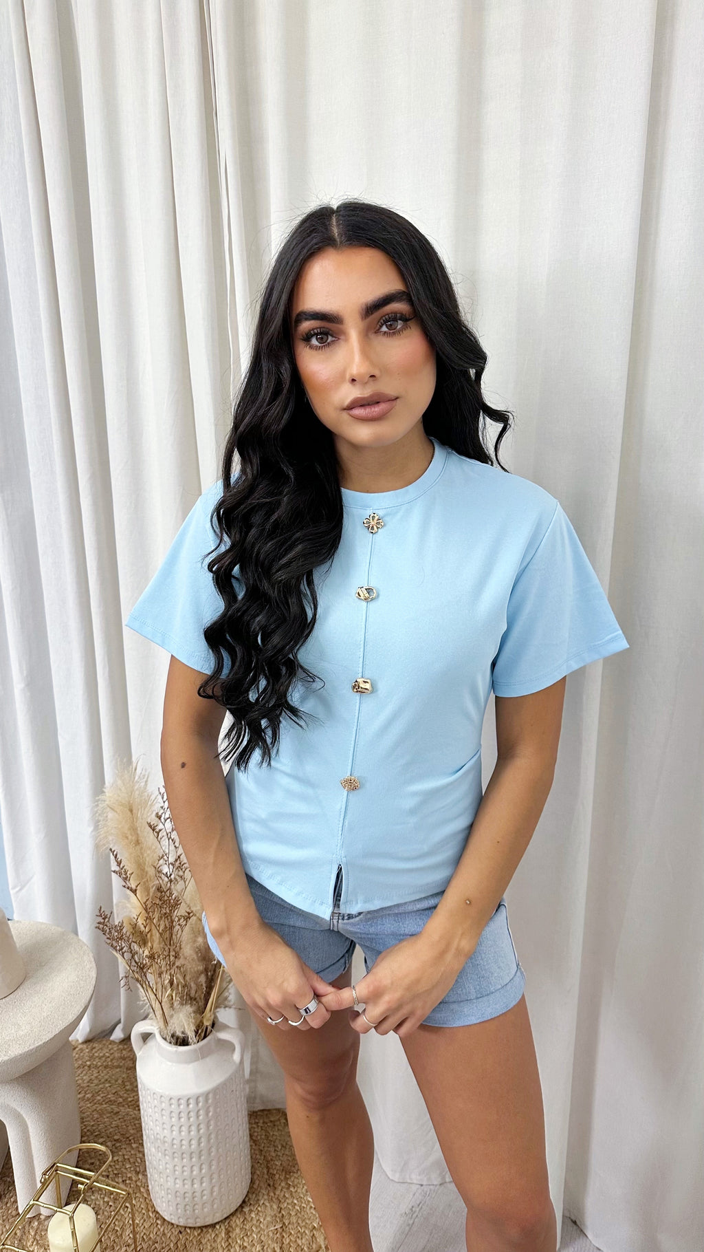 Soft Ribbed Gold Button Cinched T-Shirt - POWDER BLUE