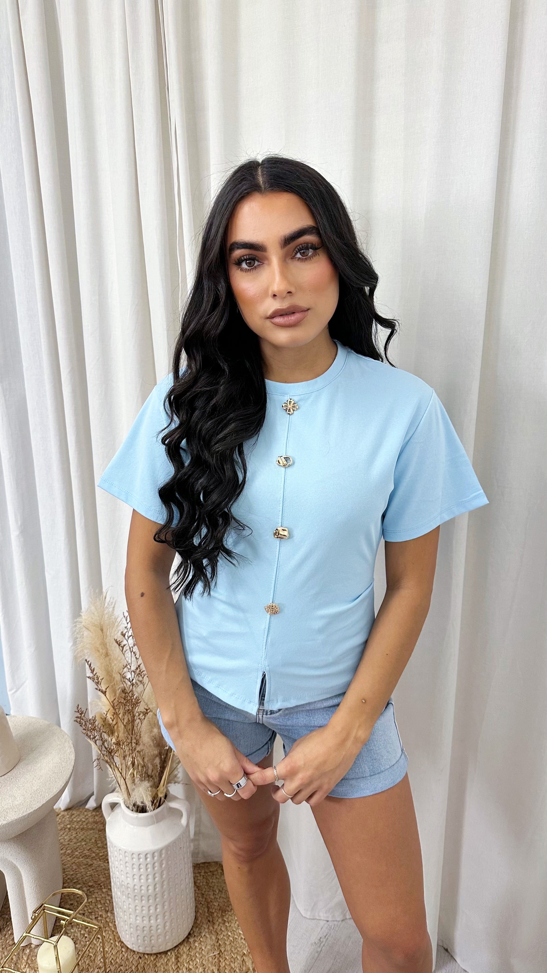 Soft Ribbed Gold Button Cinched T-Shirt - POWDER BLUE