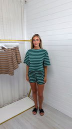 Stripey Cotton Crop Top and Shorts Co-Ord - FOREST GREEN