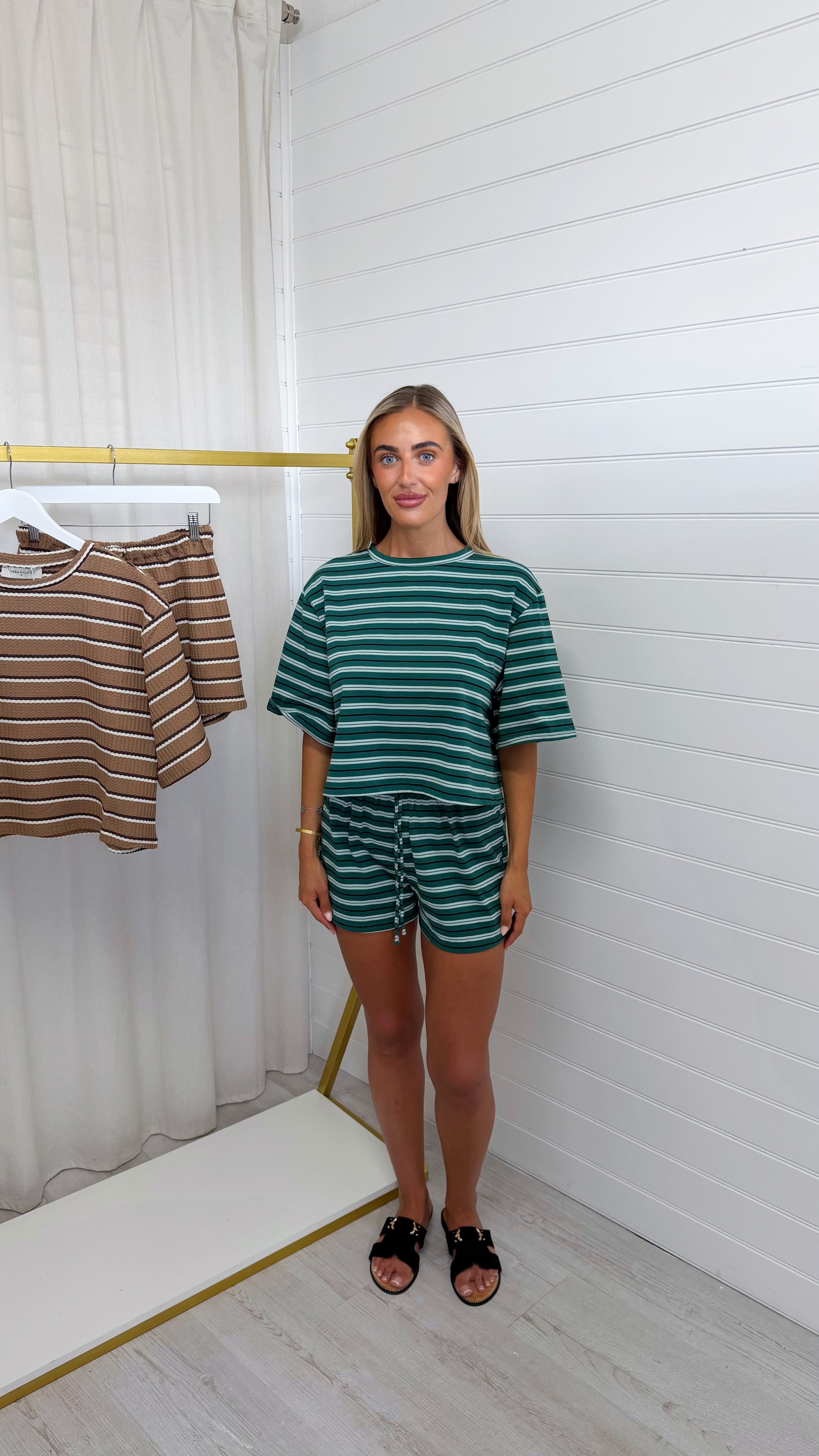 Stripey Cotton Crop Top and Shorts Co-Ord - FOREST GREEN