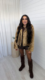 Deer Print Faux Fur Hooded Jacket - CARAMEL