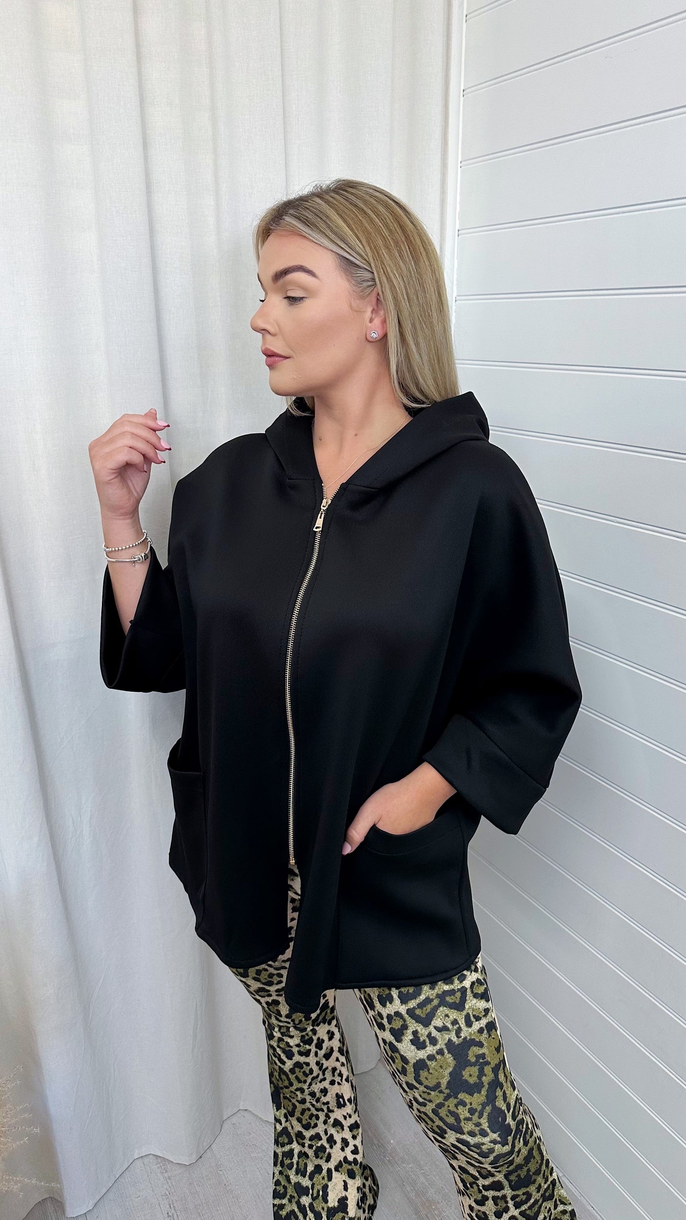 Textured Lightweight Hooded Jacket - BLACK