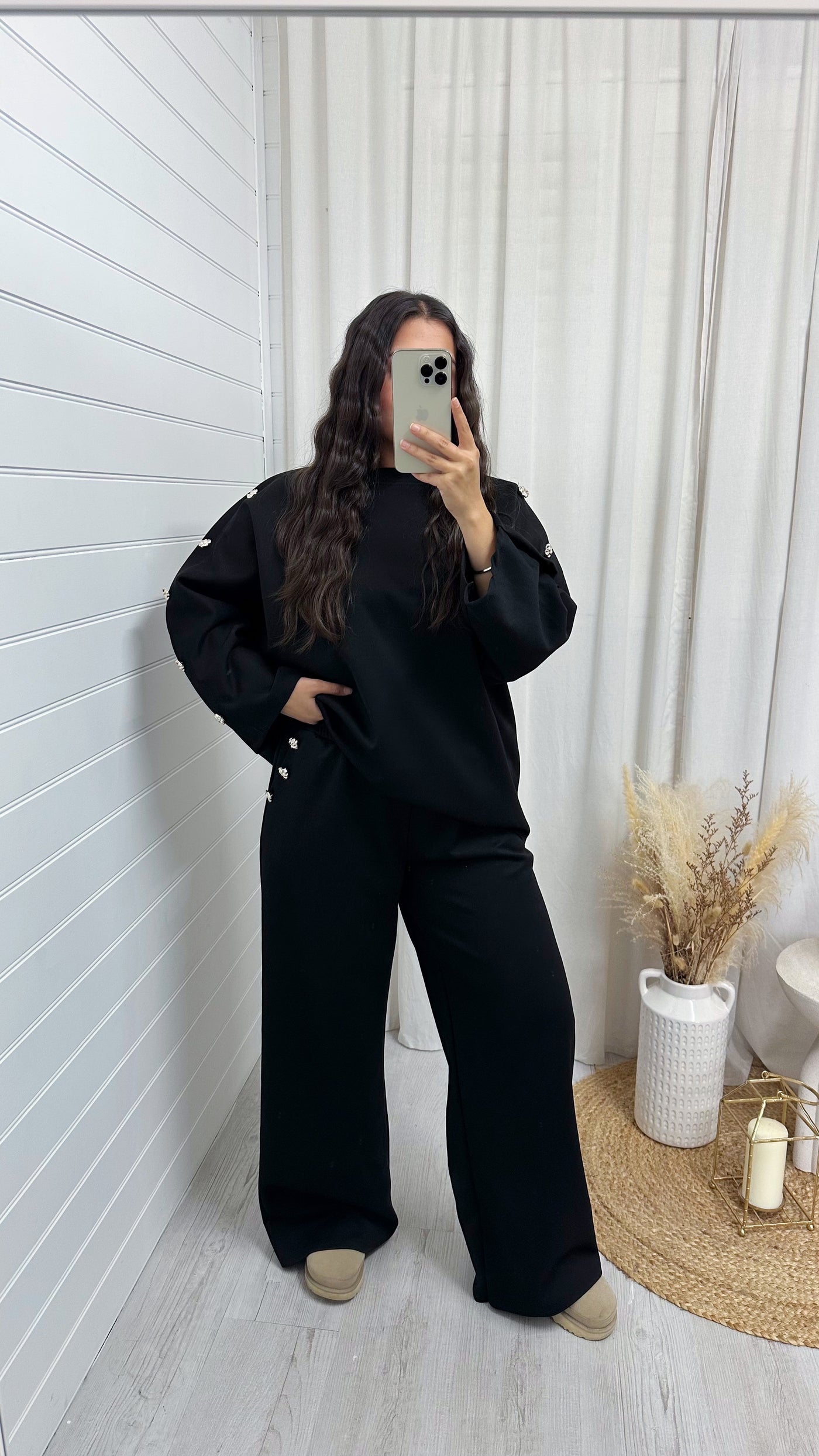 Long Sleeve Gold Button Detail Top and Trousers Co-Ord - BLACK