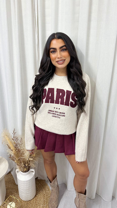 Suede PARIS Graphic Slogan Knitted Jumper - BEIGE/WINE