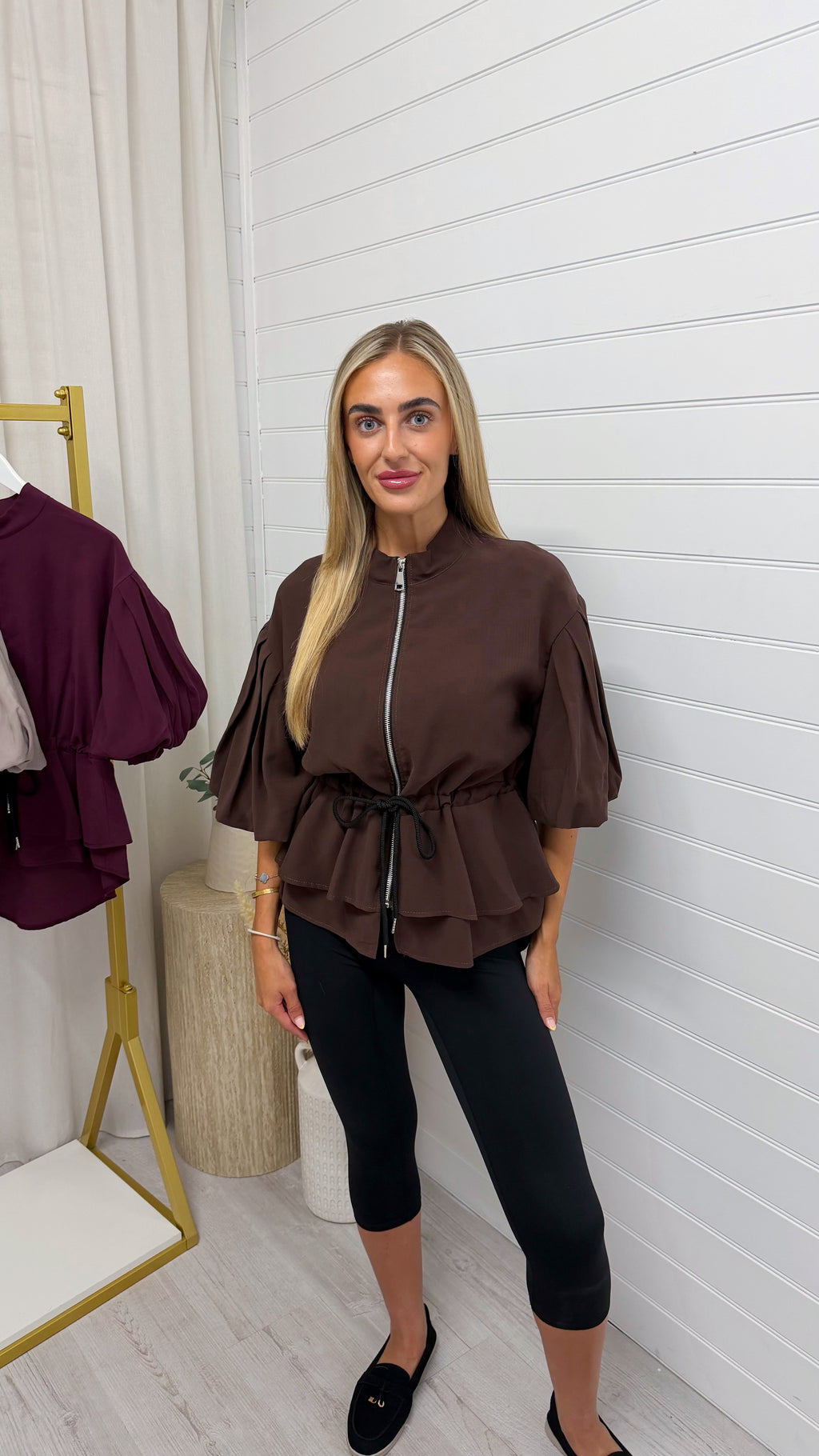 Balloon Sleeve Frill Shacket - BROWN