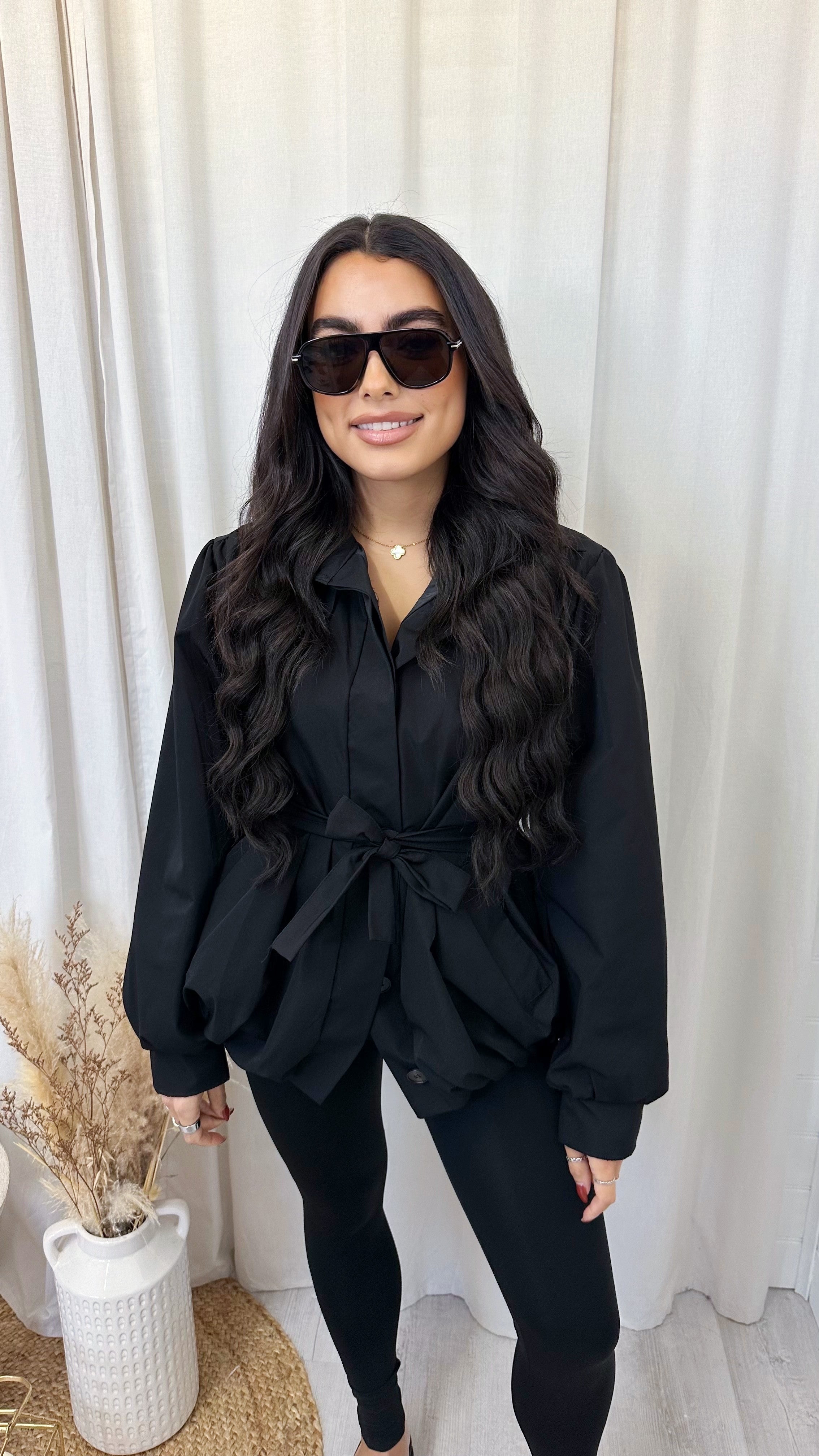 Puff Ball Tie-Waist Trench Jacket - BLACK