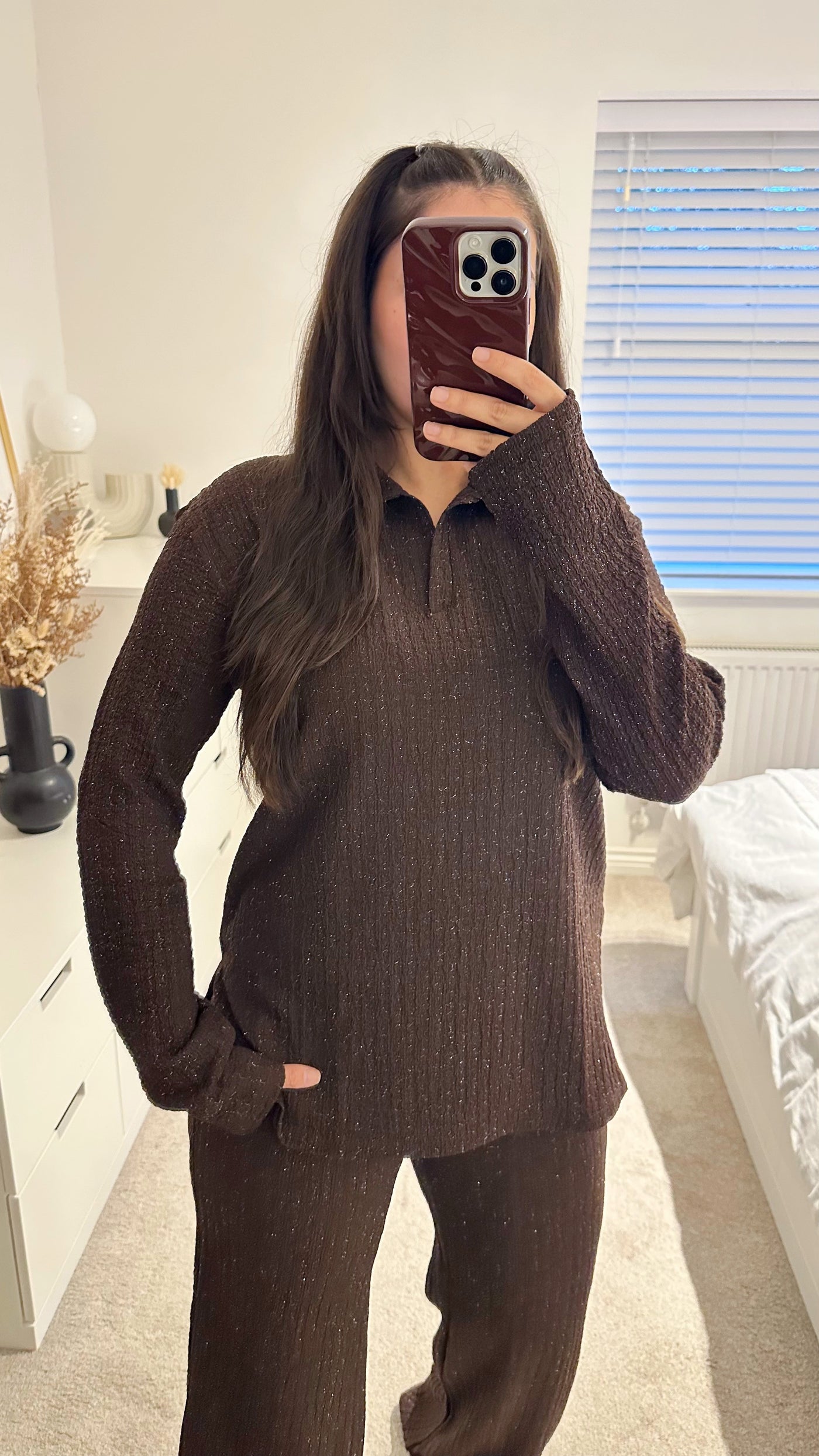 Textured Shimmer V Neck Top and Trousers Co-Ord - BROWN