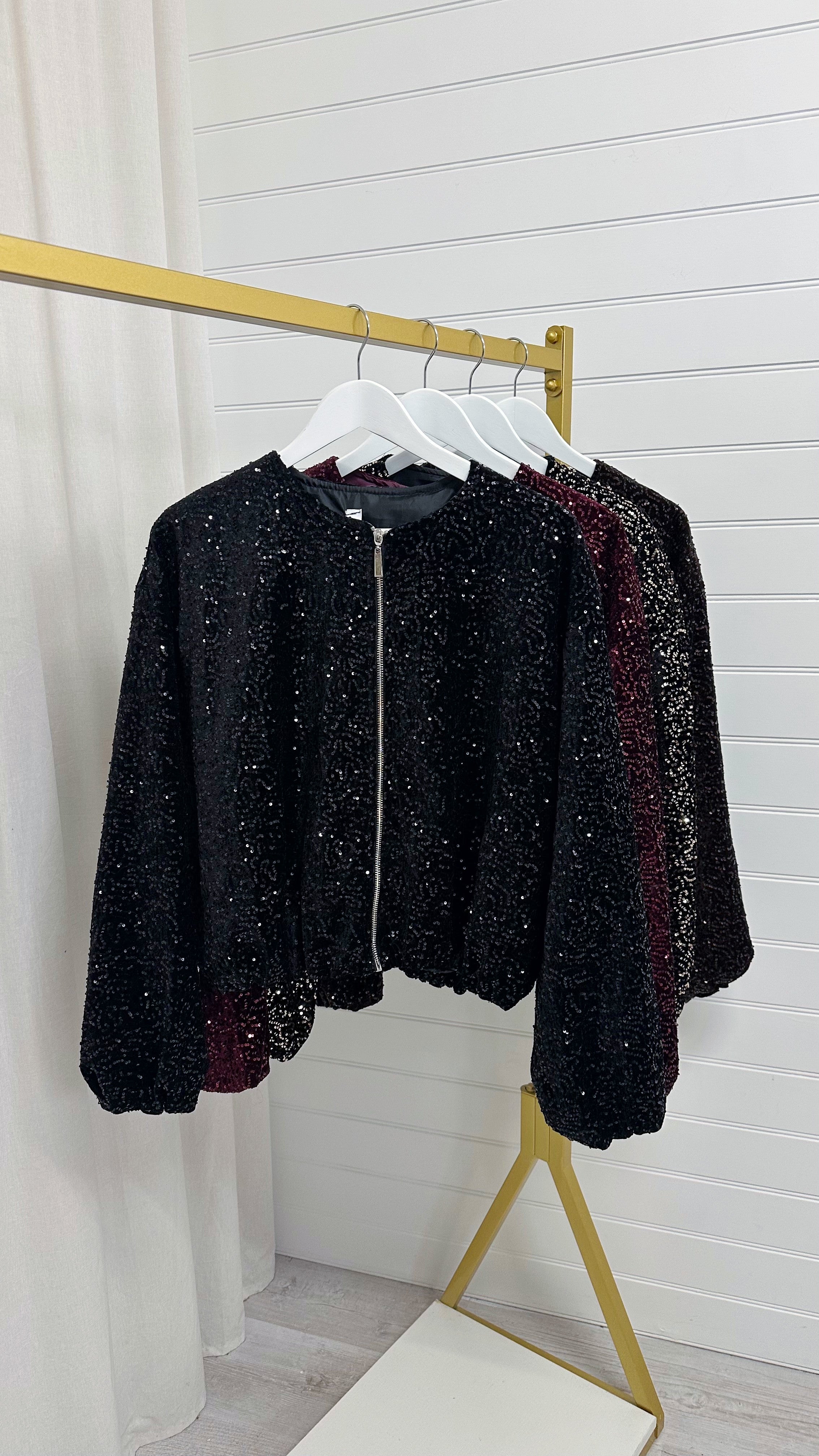 Balloon Sleeve Sequin Bomber Jacket - BLACK