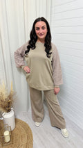 Lace Sleeve Sweatshirt and Joggers Tracksuit - BEIGE