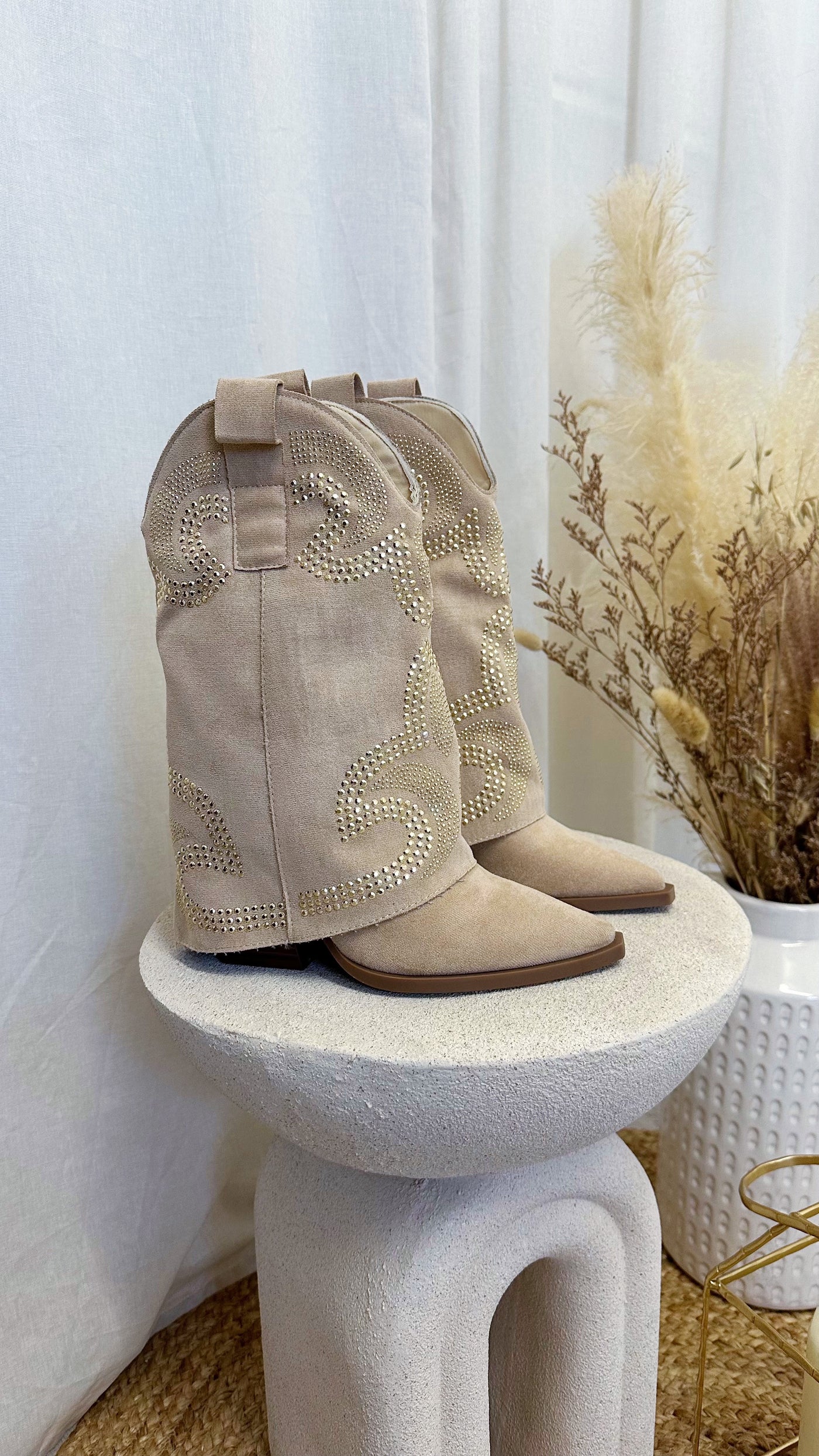 Fold Over Stud Cowboy Boots - BEIGE