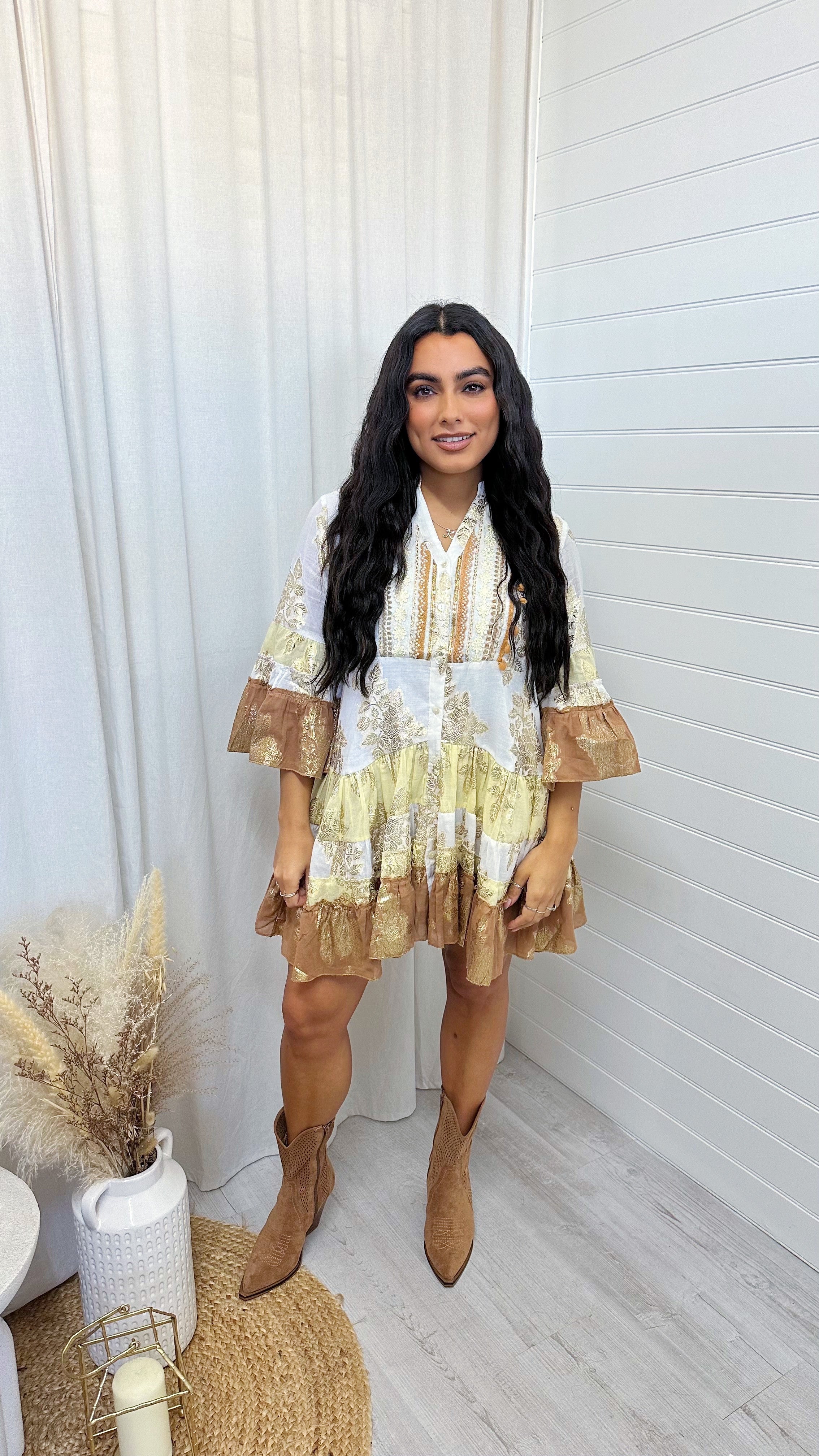 Foil Leaf Beaded Boho Smock Dress - TAN