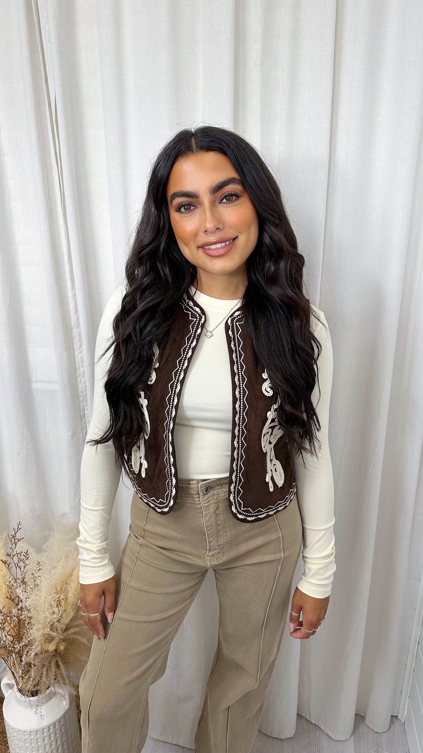 Western Suede Embroidered Waistcoat - BROWN