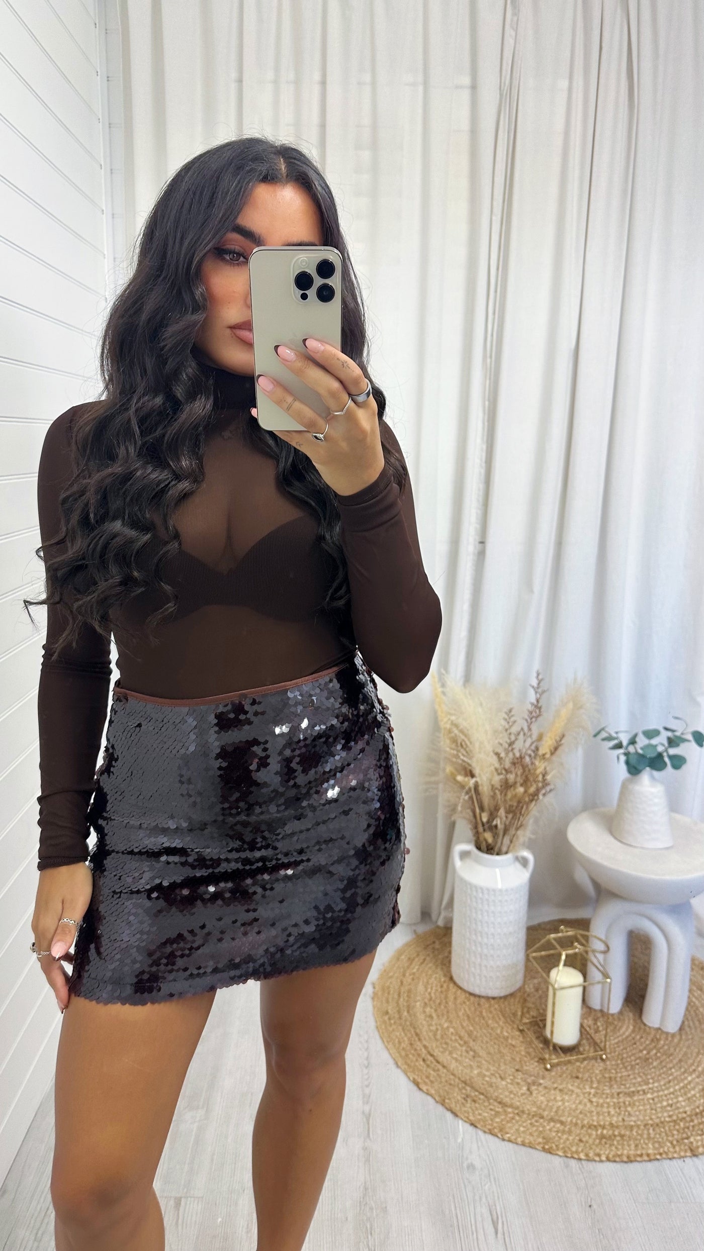 High Shine Sequin Mini Skirt - BROWN