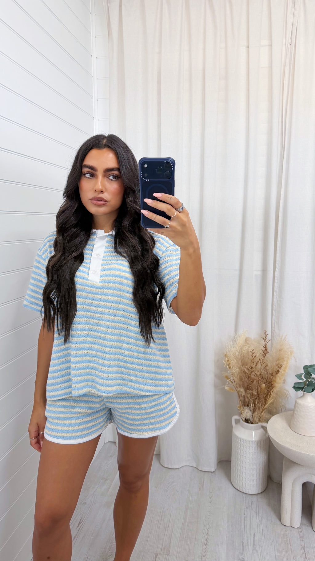 Crochet Stripe Collared Shirt and Shorts - BABY BLUE