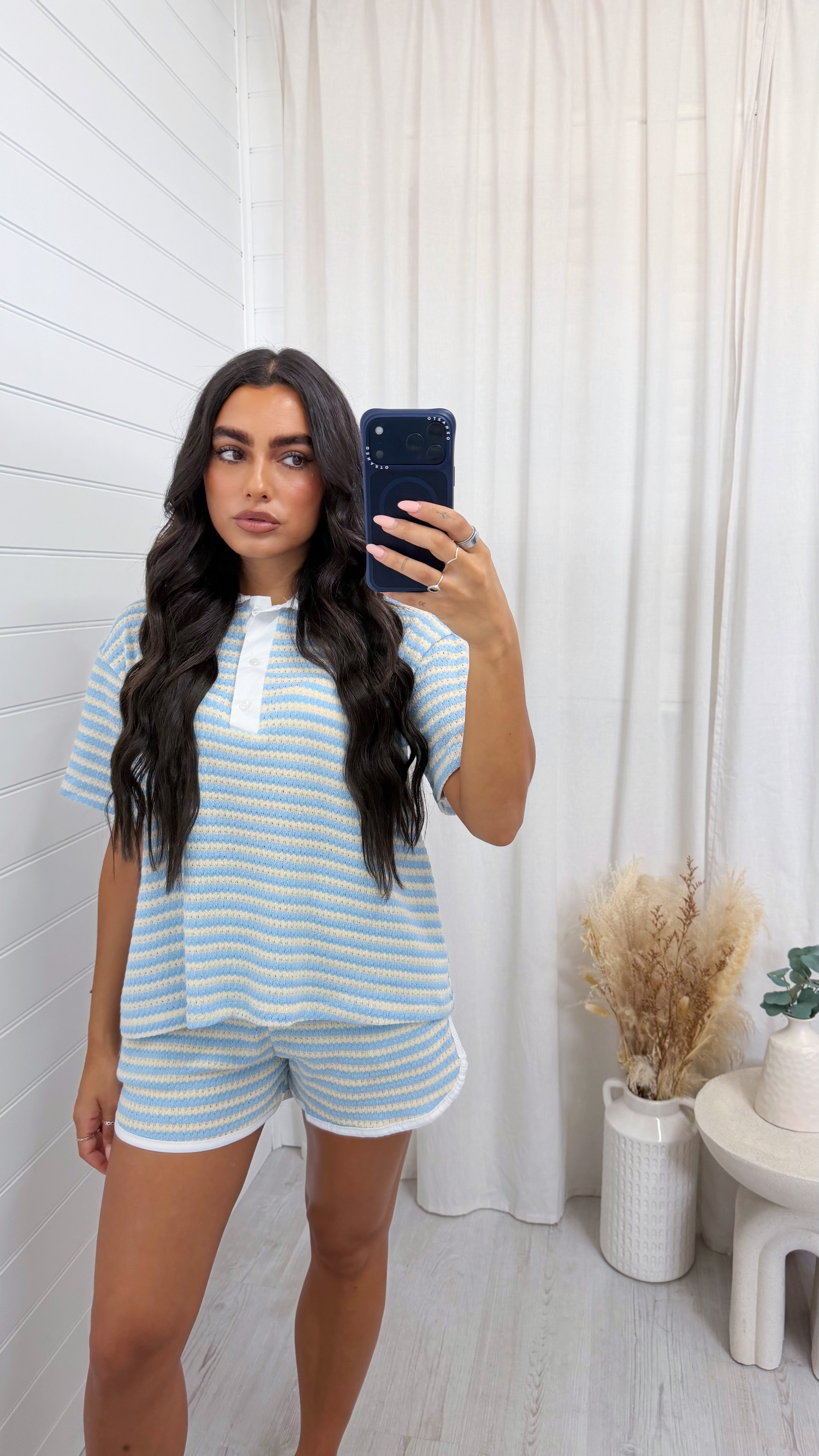 Crochet Stripe Collared Shirt and Shorts - BABY BLUE