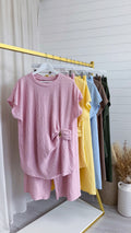 Gold Clasp Ruched Top and Wide Leg Trousers Co-Ord - BABY PINK
