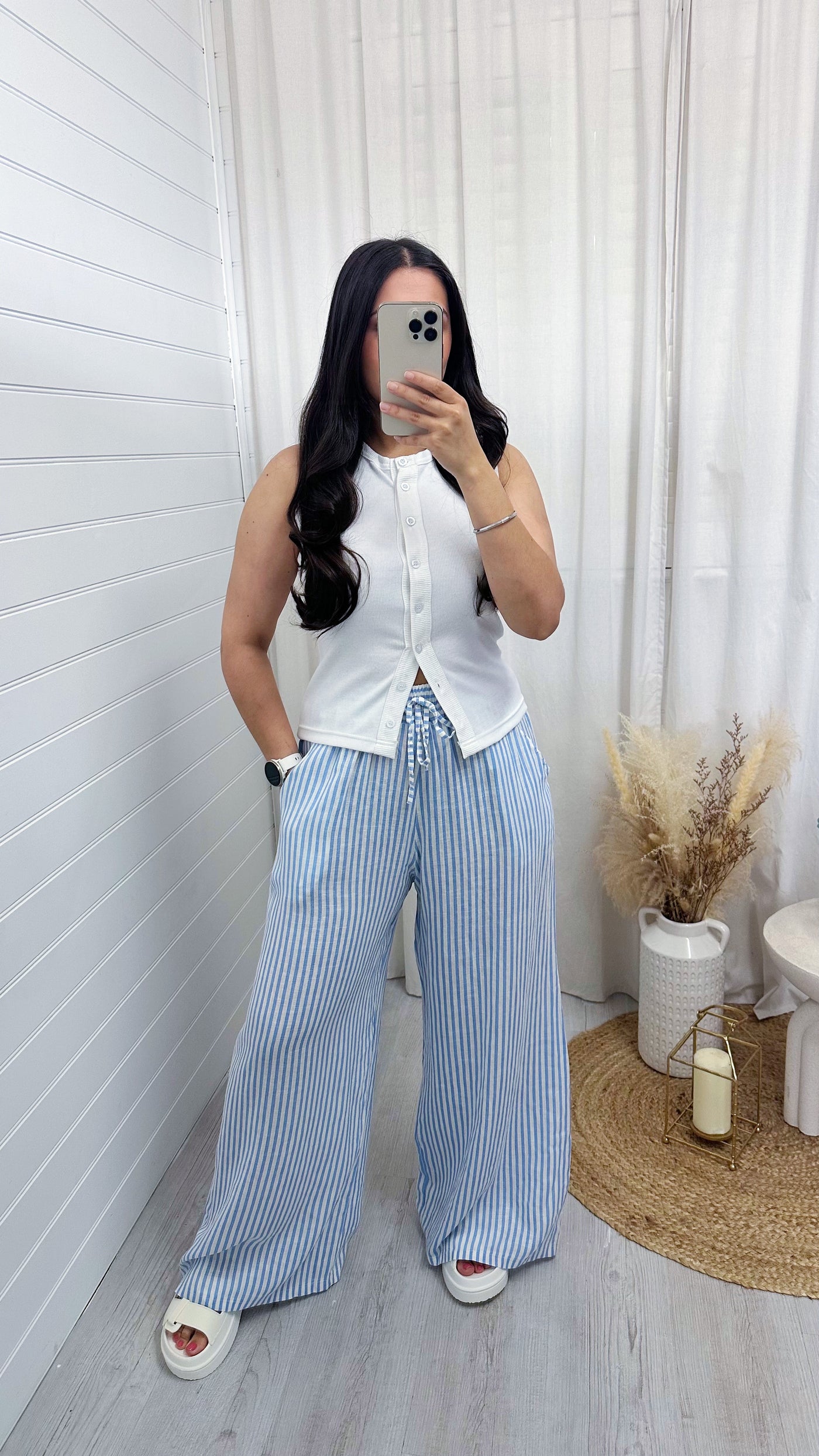 Pinstripe Linen Wide Leg Trousers - BABY BLUE