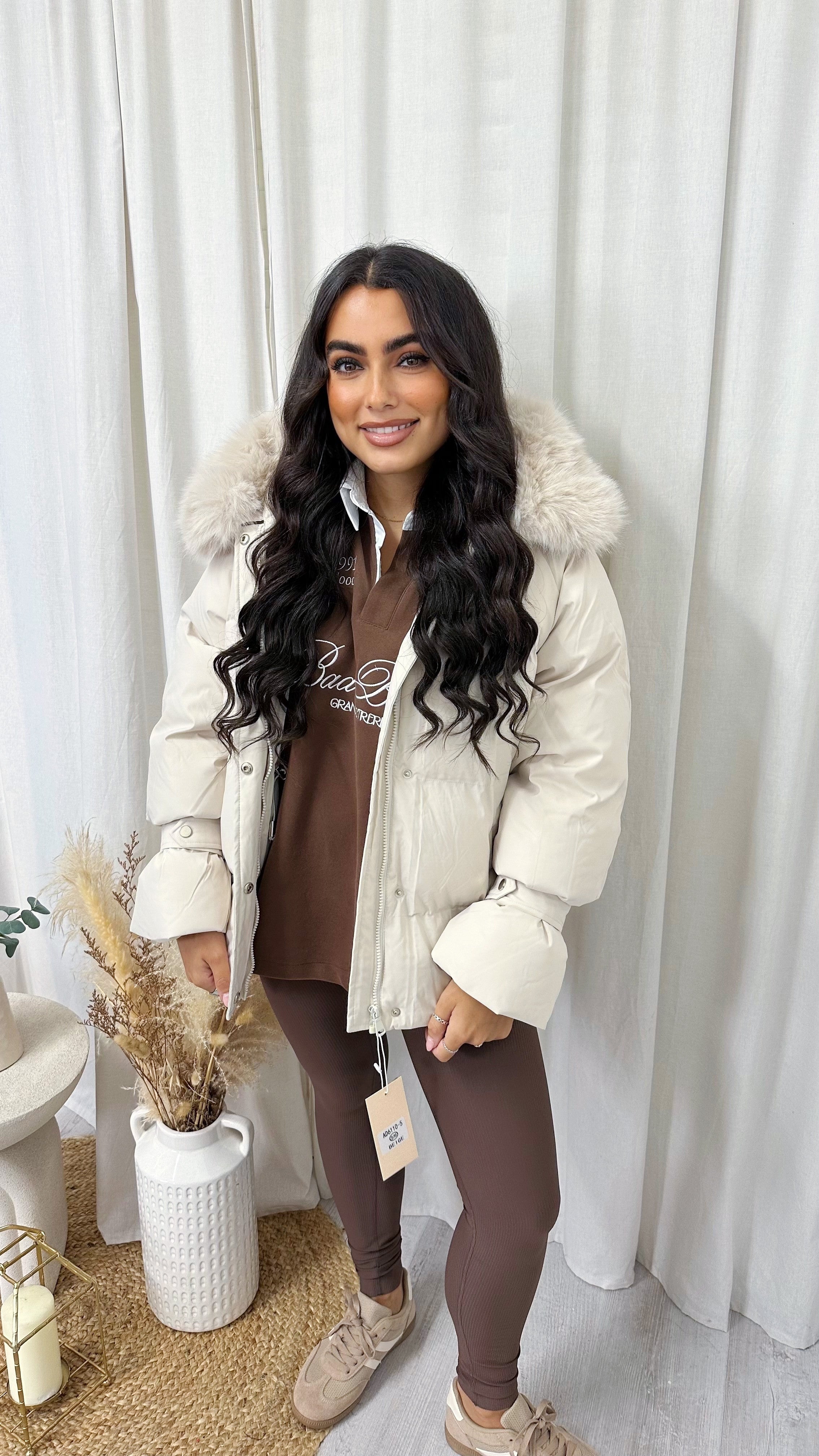 Faux Fur Hooded Puffer Coat - BEIGE