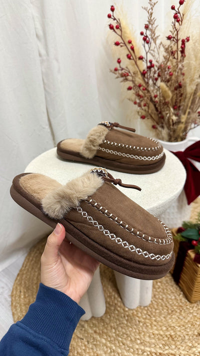 Embroidered Trim Faux Fur Slippers - BROWN