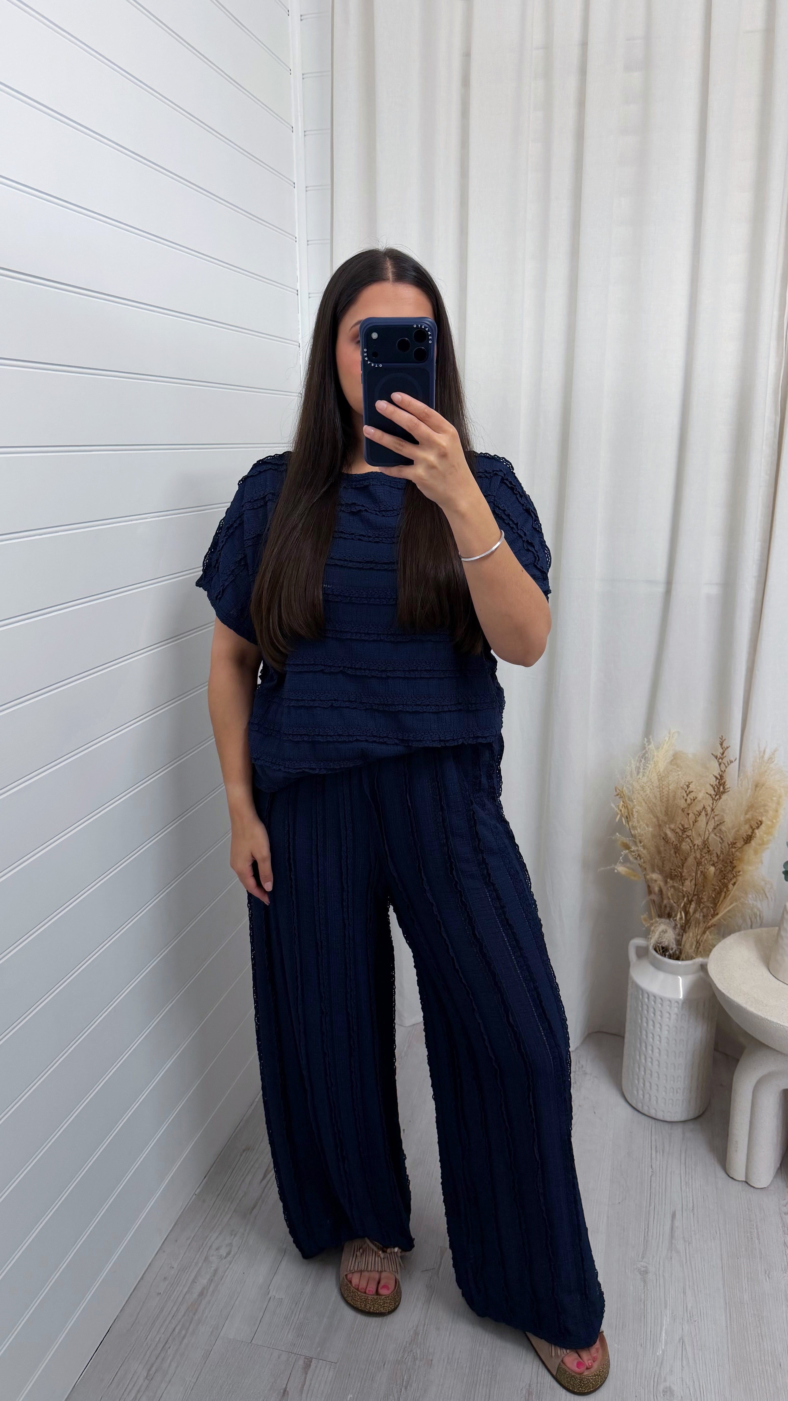 Frill Tiered T-Shirt and Wide Leg Trousers Co-Ord - NAVY