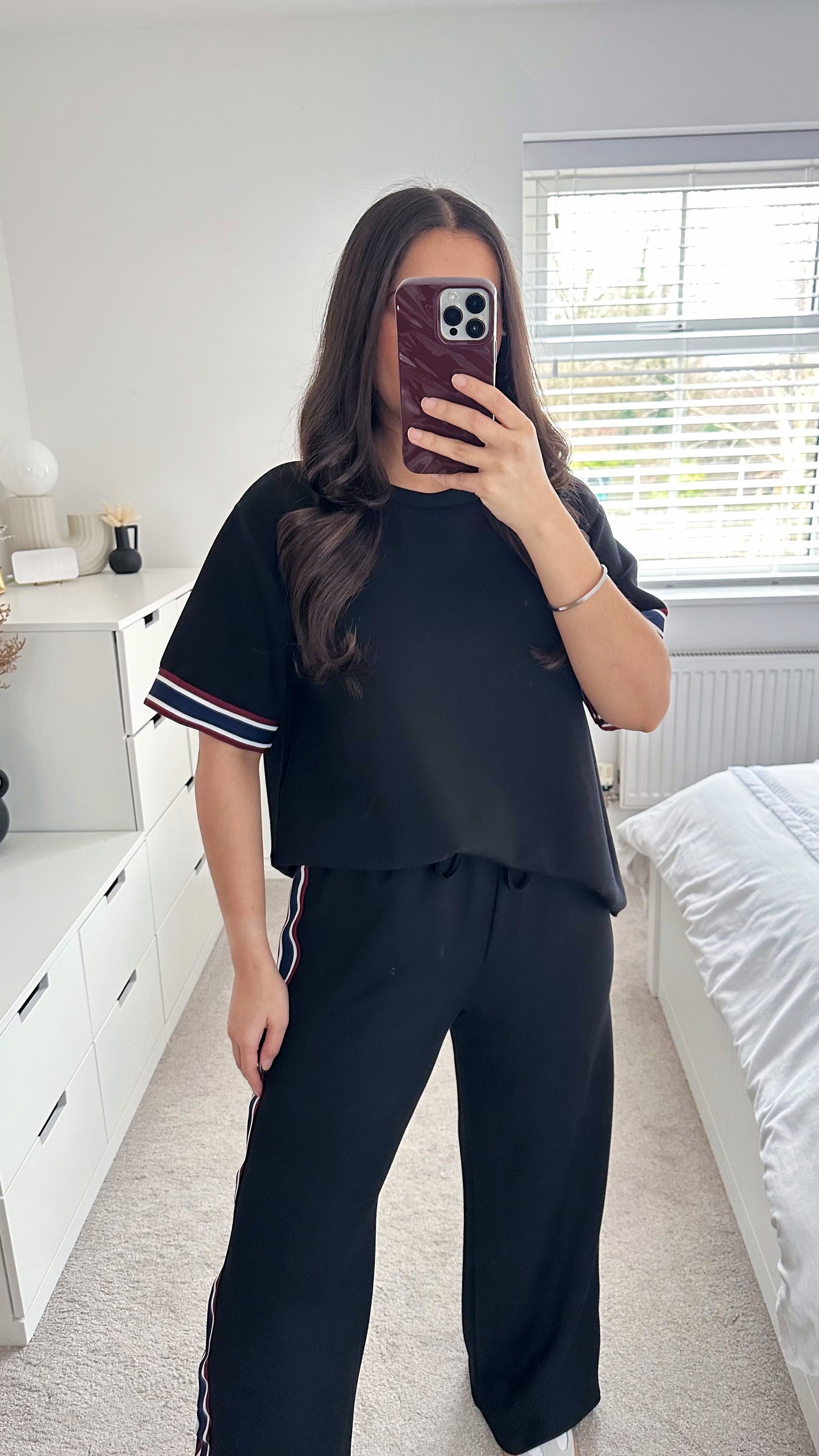 Side Stripe T-Shirt and Wide Leg Joggers Co-Ord - BLACK