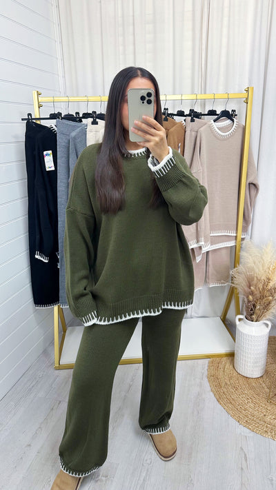 Blanket Stitch Knitted Co-Ord - KHAKI