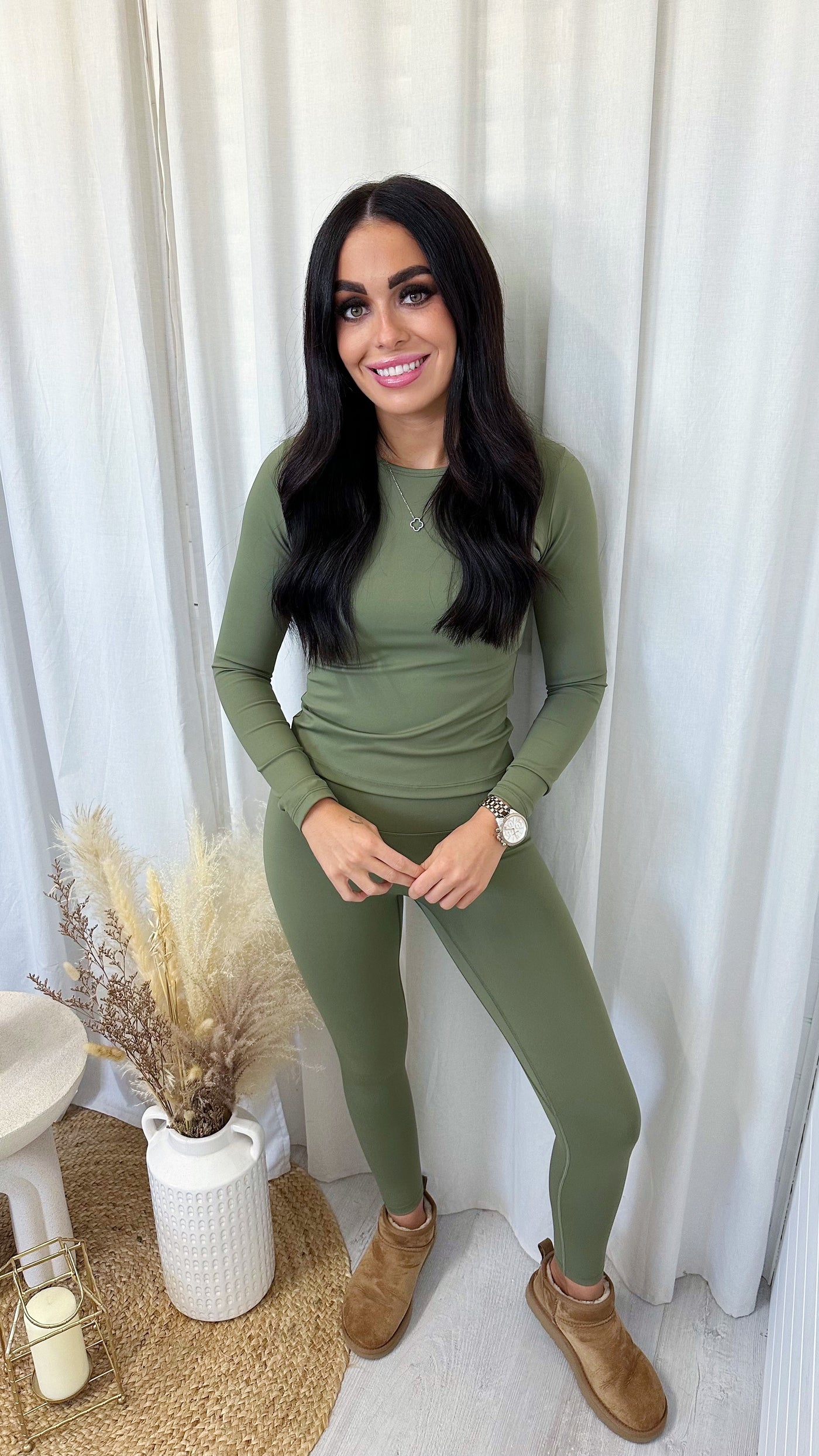 Long Sleeve Top and Leggings Activewear Set - KHAKI