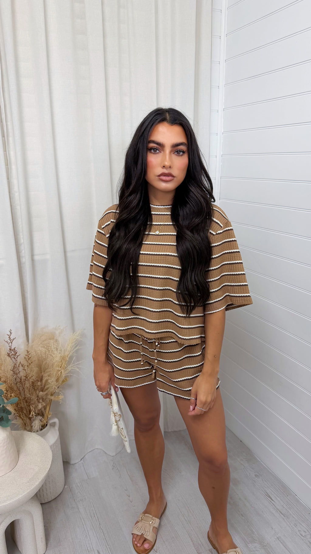 Waffle Stripe Crop Top and Shorts Co-Ord - TAN