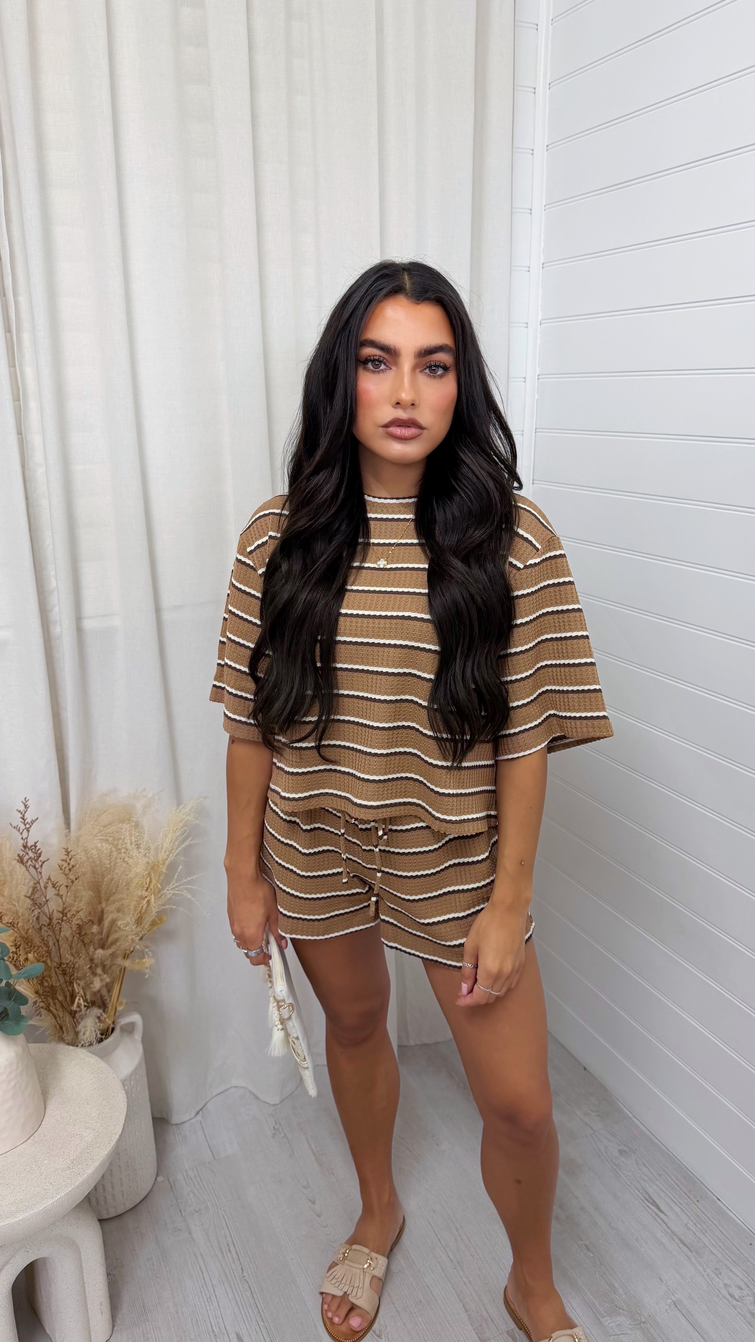Waffle Stripe Crop Top and Shorts Co-Ord - TAN