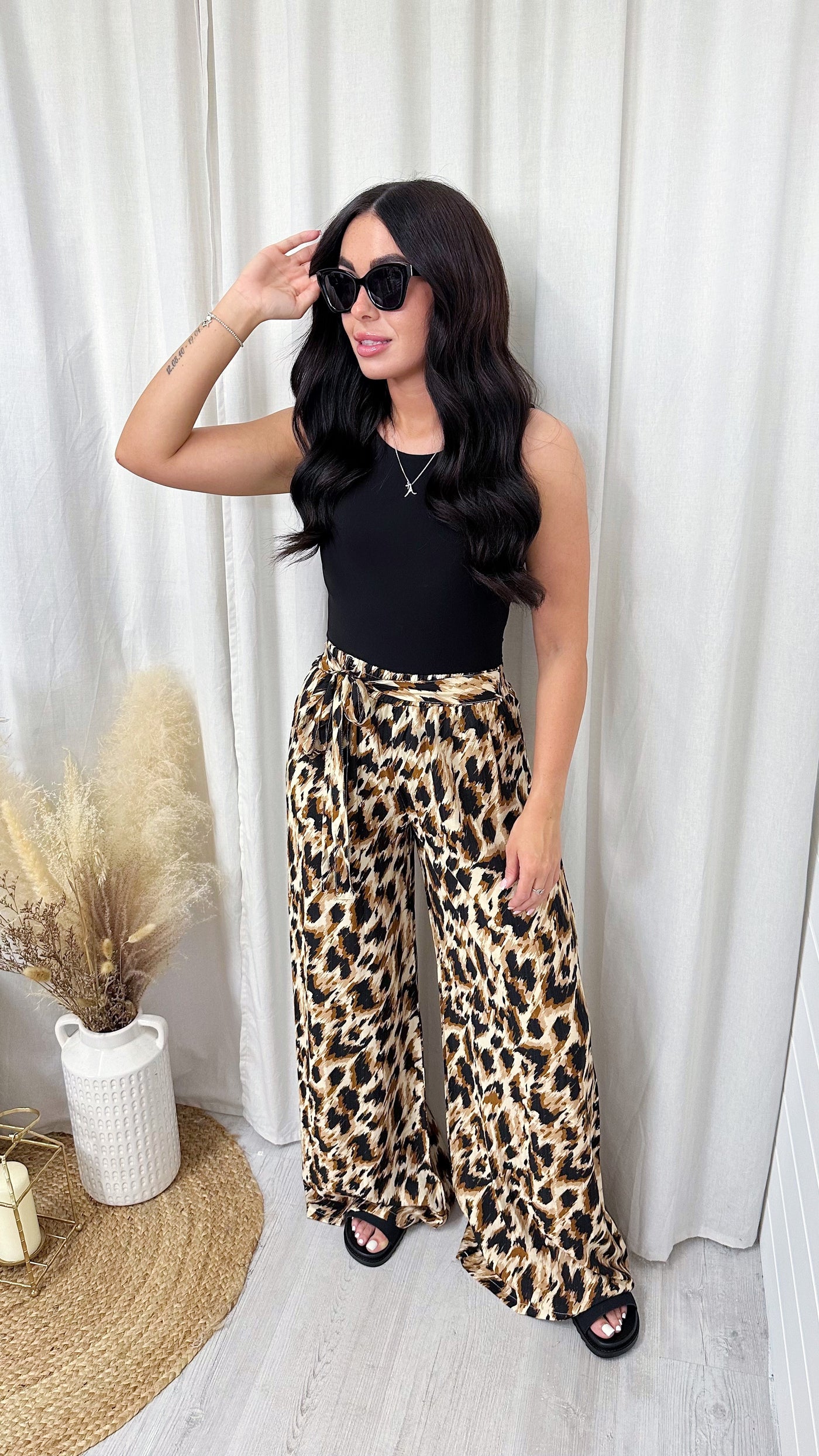 Belted Wide Leg Leopard Print Trousers - BEIGE