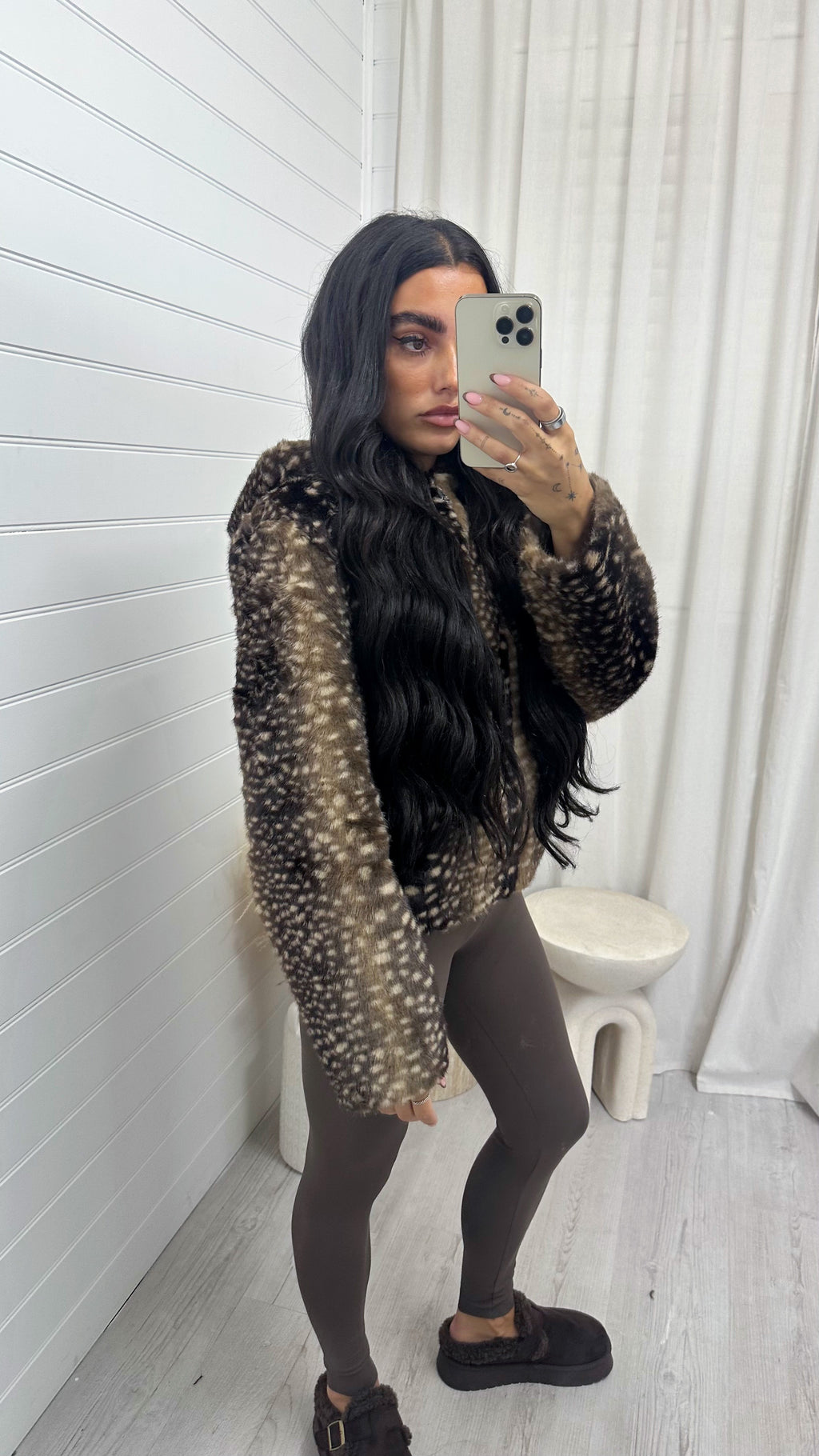Deer Print Faux Fur Hooded Jacket