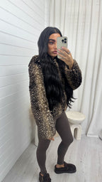 Deer Print Faux Fur Hooded Jacket