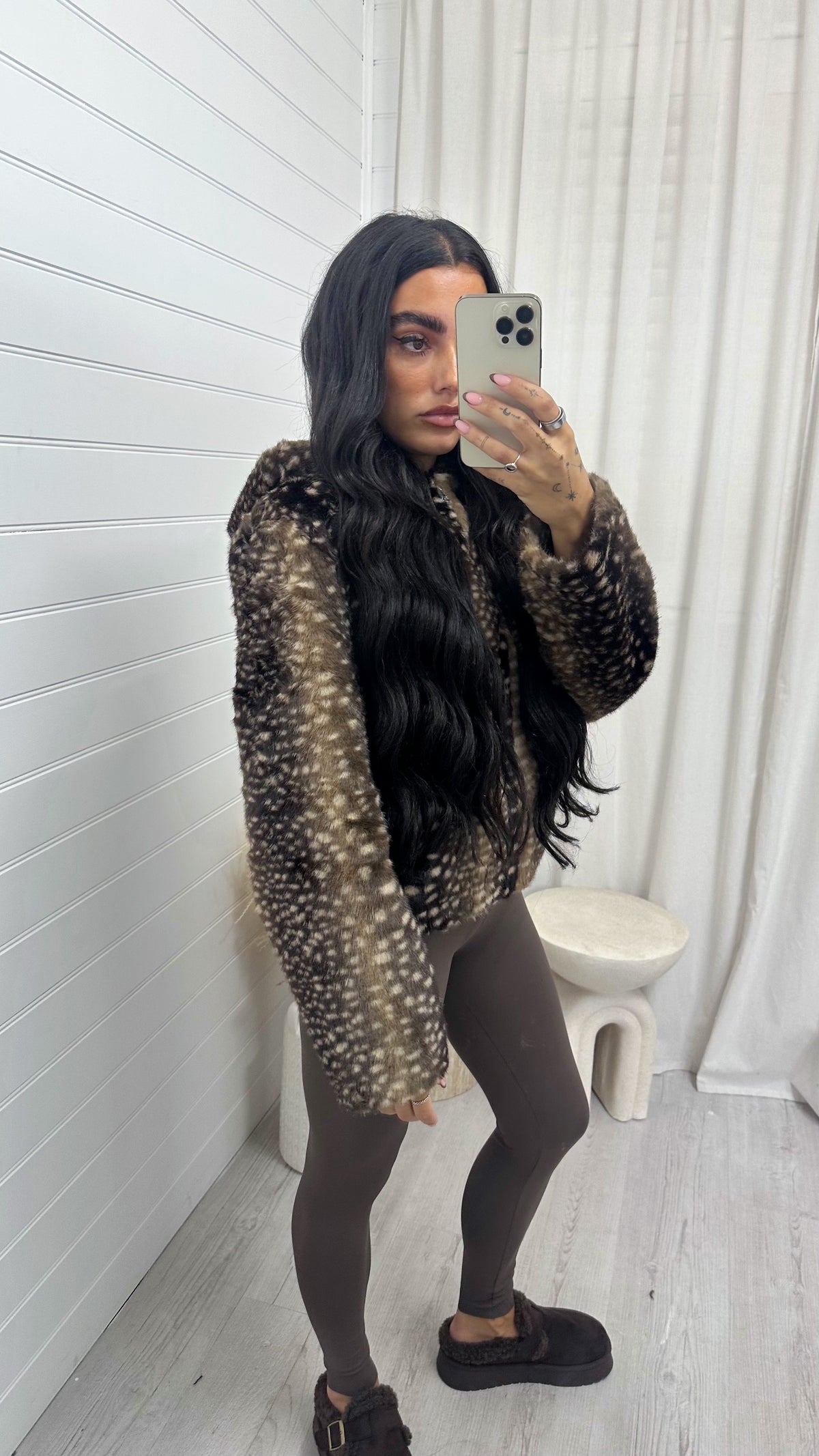 Deer Print Faux Fur Hooded Jacket