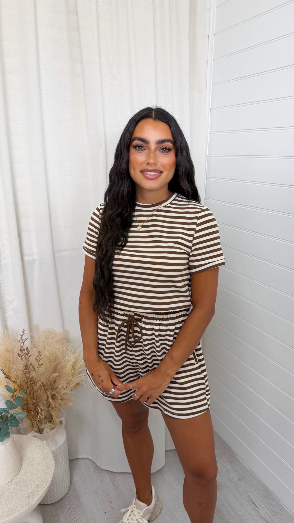 Colour Block Stripe T-Shirt and Shorts Co-Ord - BROWN