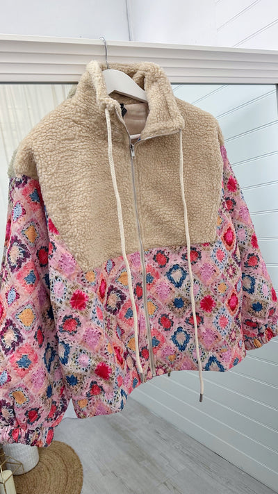 Moroccan Print Teddy Fur Bomber Jacket - PINK