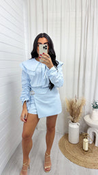Frill Collar Ruched Sleeve ShirT - BABY BLUE