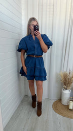 Puff Sleeve Frill Hem Denim Dress - DARK DENIM