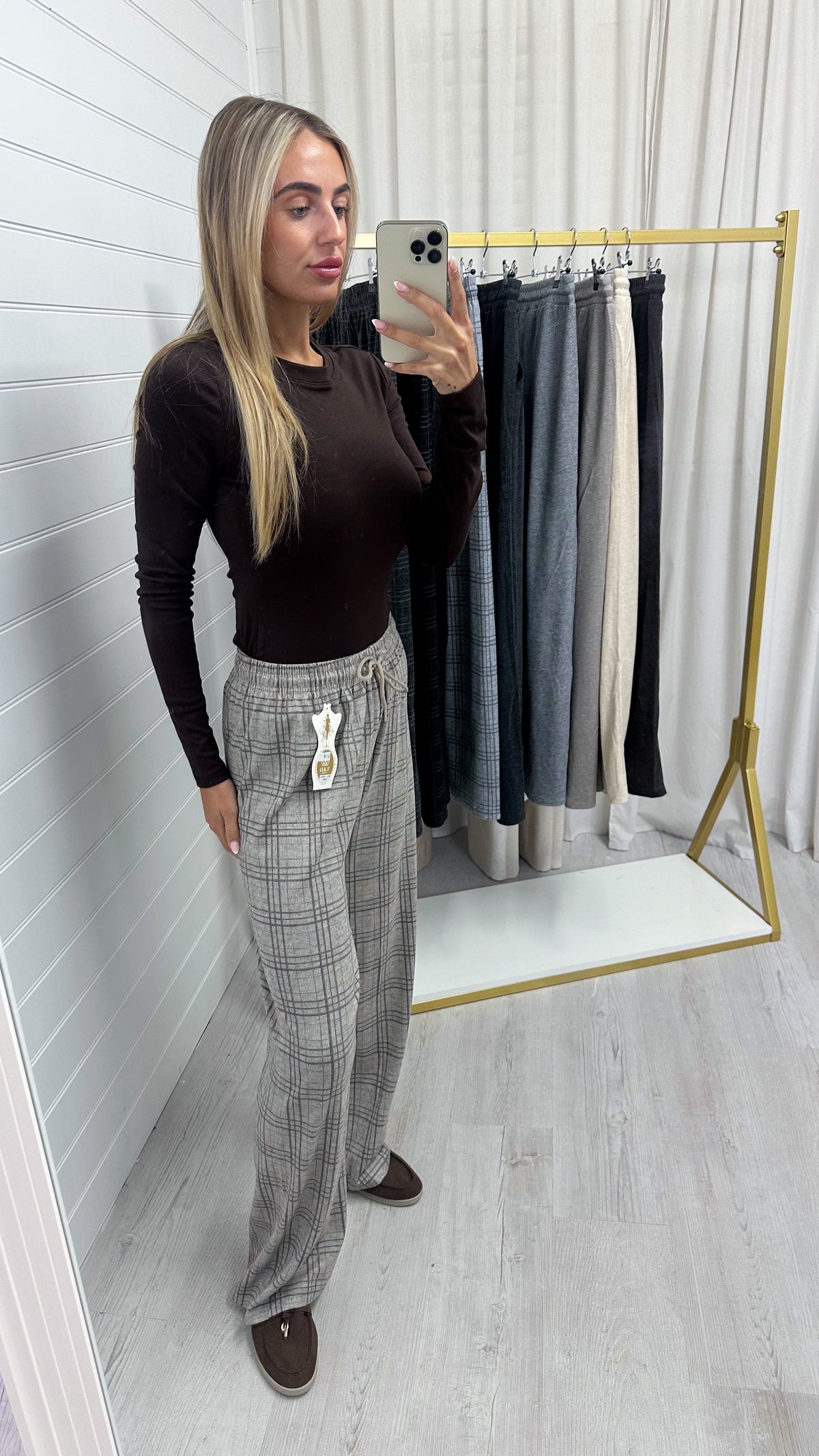 Check Wide Leg Trousers - BEIGE